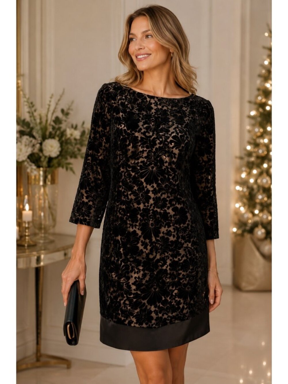 NWT Laundry by Shelli Segal Black Velvet Burnout Floral Cocktail Dress Size 8